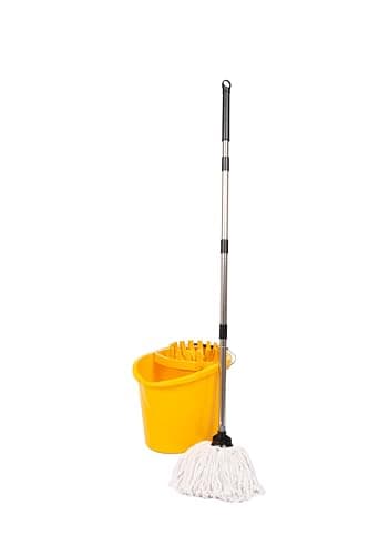 Image of REQUISITE NEEDS Professional Mop and Bucket Set Heavy Duty with Wringer and Two Cotton Mop Heads for Floor Cleaning - 16L Bucket with Pouring Lip (Yellow)