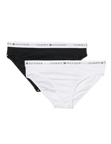 Image of Tommy Hilfiger Girls’ 2 Pack Briefs with Logo Waistband, White (White/Black), 8-10 Years