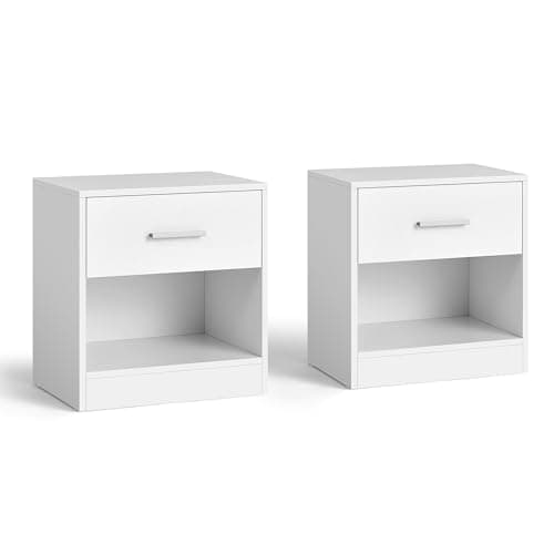 Image of VASAGLE Bedside Tables, Set of 2, Side Table with Drawer, Handle, Open Compartment, End Table, for Bedroom, Living Room, Classic White LET819T14