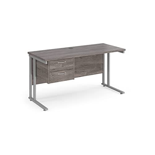 Image of Mr Office Maestro 25 straight desk 600mm deep with 2 drawer pedestal - silver cantilever leg, Grey oak, 1400