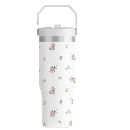 Image of FOLAI Leakproof Flip Water Tumbler,30oz Stainless Steel Hot and Cold Water Bottle with Ergonomic Handle and Straw Keeps Cold For 12+ Hours,Ideal for Gym,Car,Beach-Easy to Carry Travel Mug(Floral)