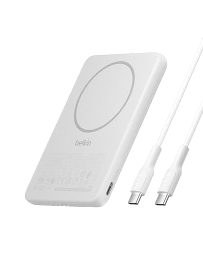 Image of Belkin BoostCharge Magnetic Power Bank 5000mAh, Slim Portable Charger with Magnetic Ring and USB C Port, Battery Pack for iPhone, Galaxy, Pixelsnap, iPad, Tablet - USB C Cable Included - White
