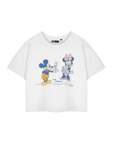 Image of Disney Mickey & Minnie Womens White Vintage Cropped Short Sleeve T-Shirt Characters Graphic Tee for Women | Short-Sleeved Retro Fashion Apparel | Merchandise for Her