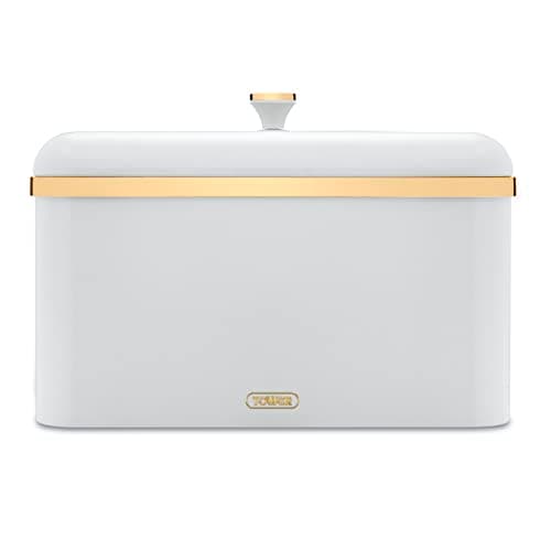 Image of Tower Cavaletto Bread Bin with Removable Lid, Large Capacity, Durable Steel Body, Optic White and Champagne Gold