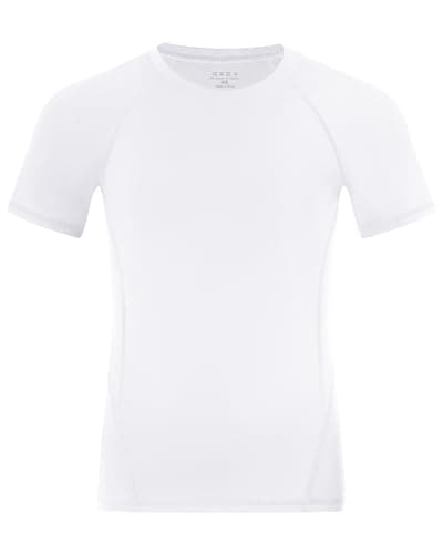 Image of Runhit Boys Compression Shirt Short Sleeve, Kids Football Base Layer Top with UPF 30+, Quick Dry Sports T-Shirt for Soccer Running Track Training, White 9-10 Years