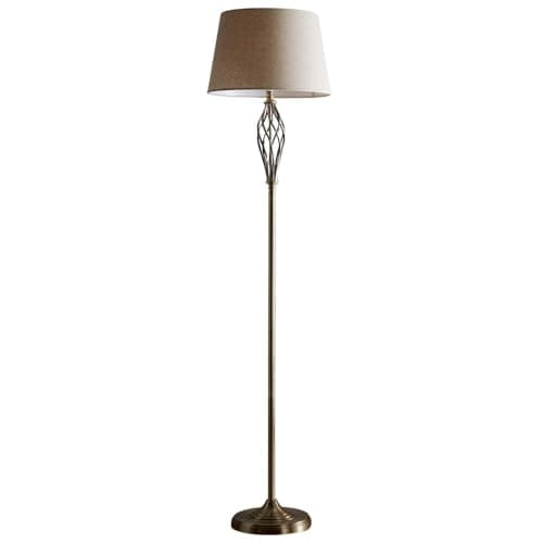 Image of Britalia Antique Brass Barley Twist Floor Lamp, 160cm Height, Oatmeal Natural Linen Shade