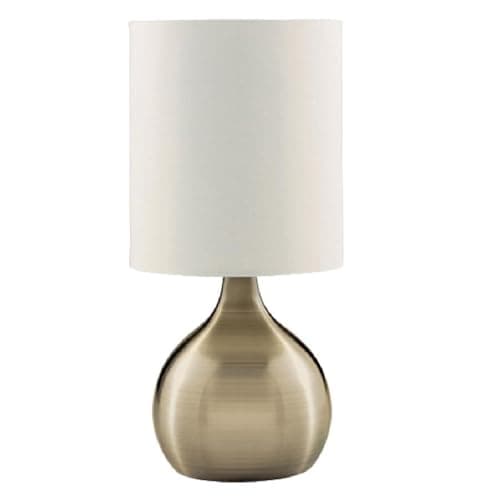 Image of Antique Brass Metal Vintage Touch Control Table Desk Lamp with White Drum Shade | 29cm Height | 1 x SES E14 Lamp Bulb Required | UK Approved | 3 Stage Dimmer | Modern Influence
