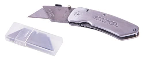 Image of Amtech Foldback Utility Knife, Stainless Steel Body with Belt Clip and 10 Spare Blades, for DIY and Trade Use.