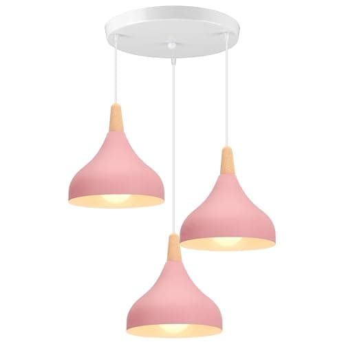 Image of iDEGU Chandelier Pendant Light Retro 3 Lamps Modern Style Drop Hat Ceiling Light E27 Metal Wood Ceiling Lamp for Bedroom Dining Room Kitchen Diameter 20 cm (Pink, Round)