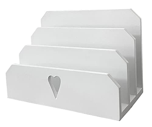 Image of GreyZouq White Chic and Rustic Wooden Letter Rack with Heart Cut-Out Window - Three Sections for Mail. The Perfect Organizer for Home or Office Décor, Stylish and Functional.