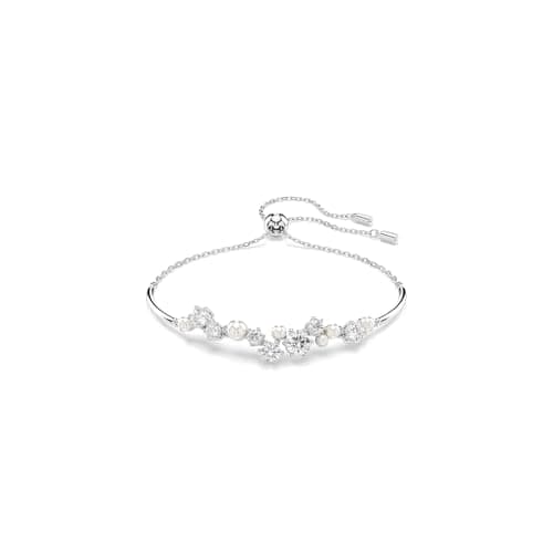 Image of Swarovski Constella Bangle Bracelet, Clear Round-Cut Crystals and Crystal Pearls in a Rhodium-Finished Setting, Part of the Constella Collection