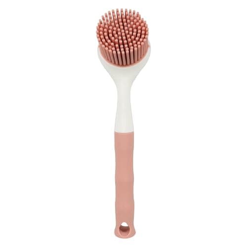 Image of Healeved Silicone Pot Brush Long Handle Dish Scrubber with Ergonomic Grip Non-Scratch Kitchen Cleaning Brush for Pans and Sinks (Pink)