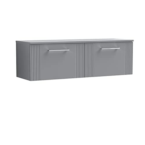 Image of nuie DPF294W2 Deco Modern Bathroom Wall Hung 2 Drawer Part Fluted Vanity Basin Unit with Double Worktop, 1200mm, Satin Grey