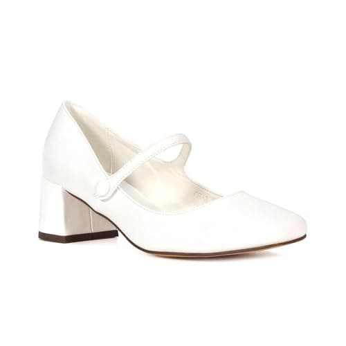 Image of Women's Court Shoes Ladies Mary Jane Low Mid Block Heel Buckle Strap White Synthetic Leather Work Evening Party Shoes Size 5