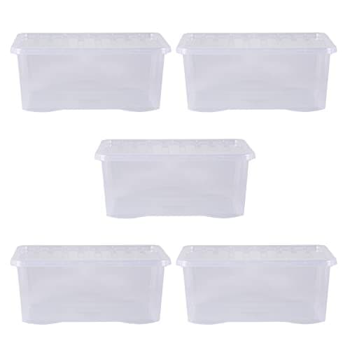 Image of Wham Crystal 5 x 45L Stackable Plastic Storage Boxes with Lids | Ideal for Home, Office, Toys & More | Large Boxes | Made in UK - Clear