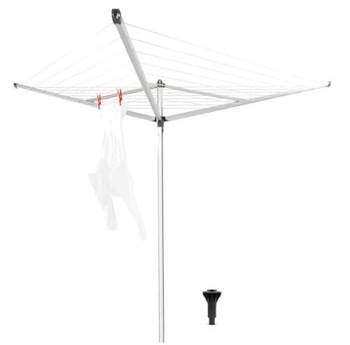 Image of Brabantia 30m Essential Rotary Washing Line (Metallic Grey) Collapsible Umbrella System, 3 Arm Outdoor Clothes Dryer + 35mm Plastic Ground Tube
