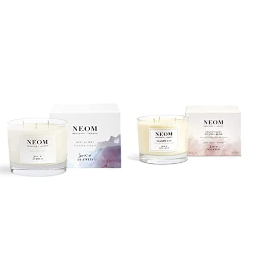 Image of NEOM- Real Luxury Scented Candle, 3 Wick | Lavender & Rosewood | Essential Oil Aromatherapy Candle | Scent to De-Stress & NEOM- Complete Bliss Scented Candle, 3 Wick | Blush Rose, Lime & Black Pepper
