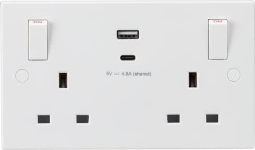 Image of Knightsbridge SN9002 White Square edge Plastic 13A 2G Switched socket with outboard rockers and dual USB (A+C) 5V DC 4.8A shared
