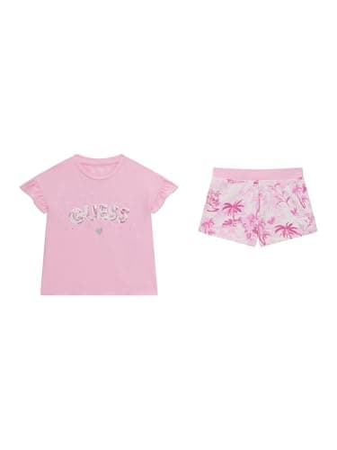 Image of GUESS Girls Eco-Friendly Sports Short Sleeve T-Shirt and Shorts Set Dreamer Pink 6X/7 Dreamers Pink 6X/7 US