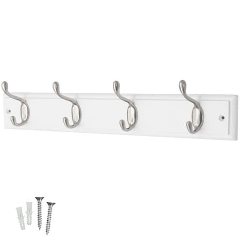 Image of Keypak 4 Hook White Wooden Wall Mounted Coat Rack with 4 Satin Nickel Hooks - Heavy Duty Wooden Board for Coats, Hats, Bags, Tools Space Saving Wall Storage Organiser, Fixings Included