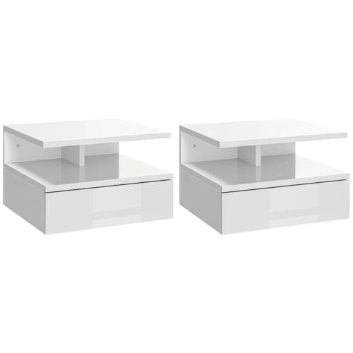Image of HOMCOM Floating Bedside Table Set of 2, Wall Mount Nightstands with Storage Drawer and Open Shelf for Bedroom, High Gloss White