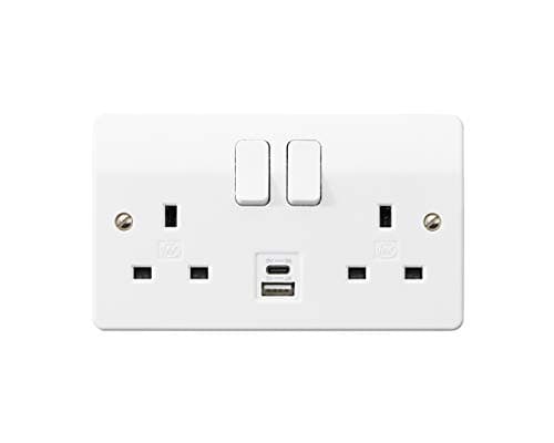 Image of MK (ELECTRIC) Logic Plus Double Socket (K2745WHI) with Dual USB Charging Ports type A and C, (2-Gang, 13A), white