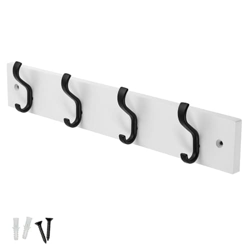 Image of keypak Minimalistic Wall-Mounted Coat Rack – 4 Hooks on Stylish Modern Wooden Base for Wall & Door – 38cm – All Fixings Included (Matte Black/White)