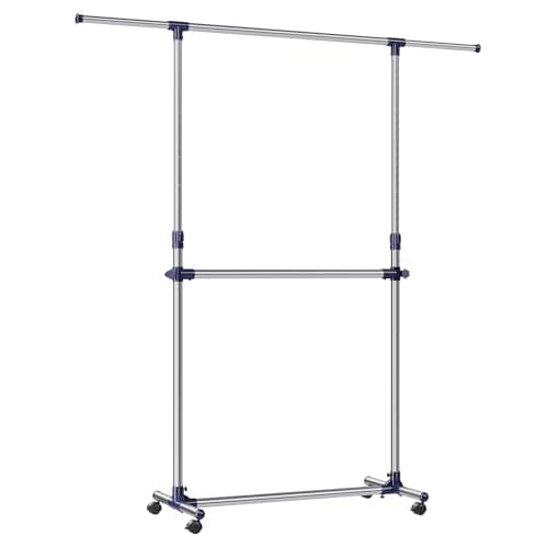 Image of SONGMICS Adjustable Garment Rack Clothes Hanging Rail Stand with Middle Rail - Stainless Steel Clad Pipe LLR41L Blue