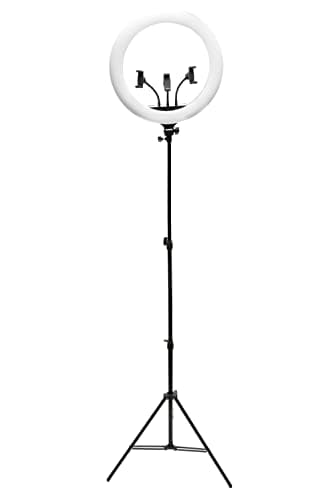 Image of Rio 18” Professional Makeup & Vlogging Dimmable LED Ring Light, 3 Light Modes with Adjustable Tripod Stand & Phone Holder for Selfie, TikTok, YouTube Video, Compatible with iPhone Android