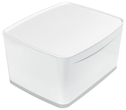 Image of Leitz A4 MyBox Large with Lid, Storage Box for Home and Office, 18 L, Matt Finish, Plastic, BPA Free and Food Safe, White/Grey, 52161001