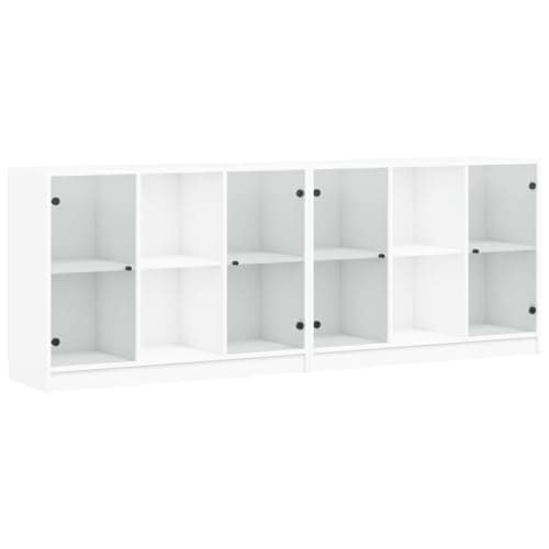 Image of vidaXL Engineered Wood Bookcase with Glass Doors - 204x37x75 cm White Storage Organizer for Living Room/Office, Modern Shelving Unit with 12 Compartments