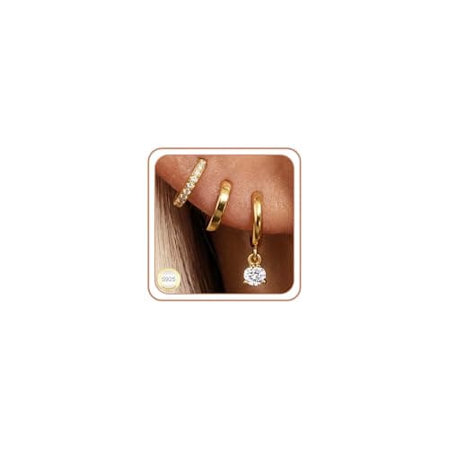Image of Gold Hoop studs Earrings Set for Womens Ladies Hypoallergenic Dainty waterproof Huggie Earings stack 9ct 14K real gold plated small hoop jewellery Gifts for Mum Daughter Sister Female Friends