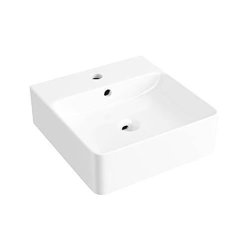 Image of Eridanus Glossy White Ceramic Basin with Overflow, Rectangular Wall-Hung Sink for Countertop Installation, Vitreous China Square Washbasin for Cloakroom Vanities, Vessel Sink 410 x 410 x 130mm