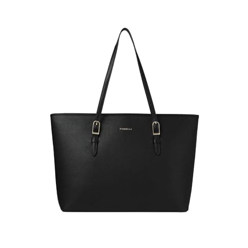 Image of Fiorelli Women's Etta Buckle Tote Bag, Stylish Large Capacity Shoulder Handbag with Internal Pocket & Detachable Pouch, Black Faux Leather