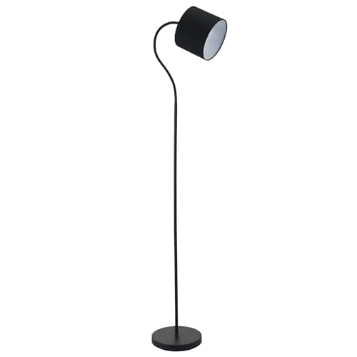 Image of Happy Homewares Traditional Matte Black Floor Lamp with Adjustable Cotton Fabric Shade | 141cm Height | Inline Foot Switch Button | 1 x 11w