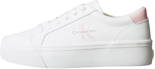 Image of Calvin Klein Women’s Logo Tag Leather Vulcanised Trainers, White (Bright White/Sweet Pink), 7