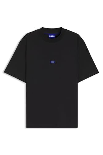Image of HUGO Mens Nieros Cotton-Jersey T-Shirt with Logo Badge Black