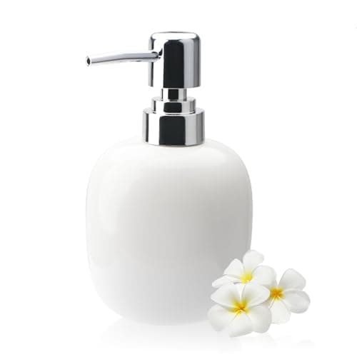 Image of Qudubuy 450ml Oval Ceramic Soap Dispenser with Pump Refillable Lotion Bottle for Liquid Soap, Shampoo, Bath Milk for Modern Hotel Home Bathrooms and Kitchens (White)