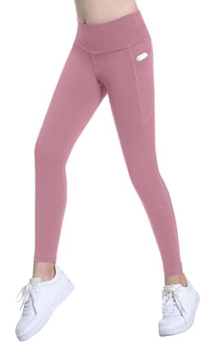 Image of VilyR Girls' Athletic Leggings Kids High Waist Running Yoga Pants with Pockets,Dark Pink,10-11Y