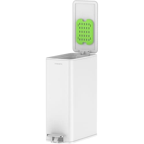 Image of EverGrove 10L Slim Stainless Steel Bathroom Pedal Bin with Soft‑Close Lid and Odour‑Control Filter, Narrow Bin with Removable Inner Bucket (Arctic White)