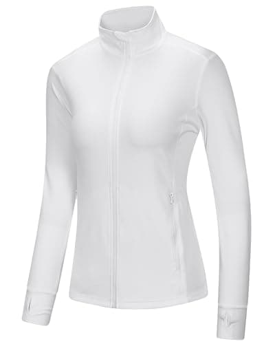 Image of Outdoor Ventures Womens Running Jacket Long Sleeve Sports Jacket Lightweight Breathable Quick Dry Sweatshirt for Fitness Training Cycling with Zip Side Pocket and Thumb Holes White XL