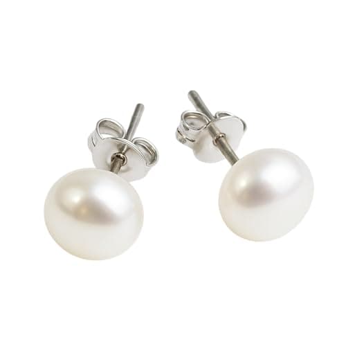 Image of 7mm Cultured Freshwater Pearl Sterling Silver Stud Earrings - Handmade Gemstone Jewellery Gift Ideas for Women Girls - Birthday Valentine's Gift - Bridal Wedding Bridesmaid