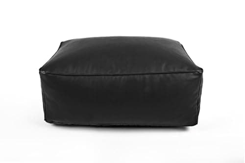 Image of Littens Black Rectangular Footstool Bean Bag, Soft Faux Leather, Pouffe, Ottoman, Livingroom Low Seat, Piped, Non-Slip (65cm x 45cm x 25cm)
