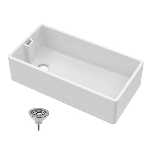 Image of Balterley 895mm Belfast Kitchen Sink Single Bowl with Waste & Built-in Weir Overflow, Durable Belfast Fireclay White Ceramic Kitchen Sink Bowl, Reversible Farmhouse Sinks - 895 x 455 x 245mm (White)