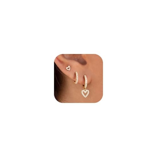 Image of KINHOPI Gold Hoop Earrings for Women 14K Gold Plated Huggie Cubic Zirconia Heart Hypoallergenic Earrings Set for Multiple Piercings Jewellery Gifts 3 Pair