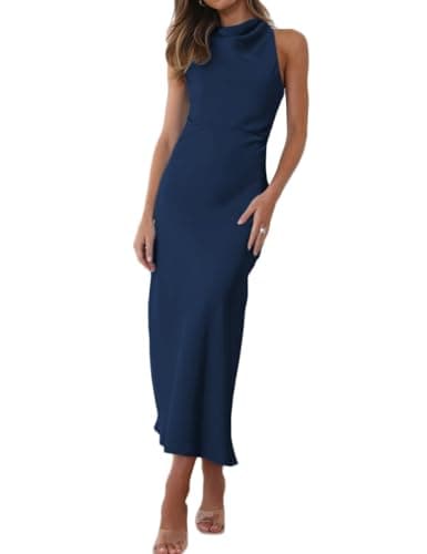 Image of Halfisland Satin High Neck Backless Sleeveless Midi Dresses for Women Elegant Mock Neck High Waist Cross Back Cocktail Dress, Navy, M