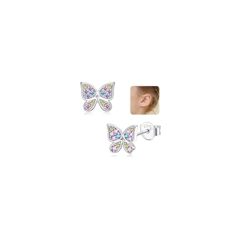 Image of 925 Sterling Silver Stud Earrings for Girls Women Hypoallergenic Earrings Stud for Teen Toddler Childs Cute Small CZ Rainbow Butterfly Sleeper Earring 925 Silver Kids Earring for Girls Jewellery-B