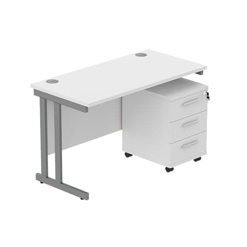 Image of Office Hippo Heavy Duty Contract Grade Office Desk Workstation and Lockable 3-Drawer Pedestal Set, 120kg Weight Tolerance, 5-Year Warranty, FSC Certified, Arctic White, Graphite Legs, 1200 x 600mm