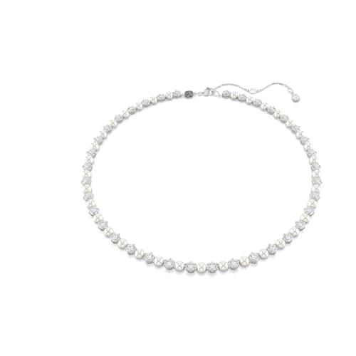 Image of Swarovski Matrix Tennis Necklace, Clear Round-Cut Crystals and Crystal Pearls in a Rhodium-Finished Setting, Part of the Matrix Collection