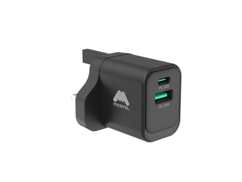 Image of Mobitel 33W GaN Fast Wall Charger with USB-C & USB-A Dual Port PD Quick Charge Plug Compact UK 3-Pin Power Adapter for iPhone Samsung Pixel iPad (Black)